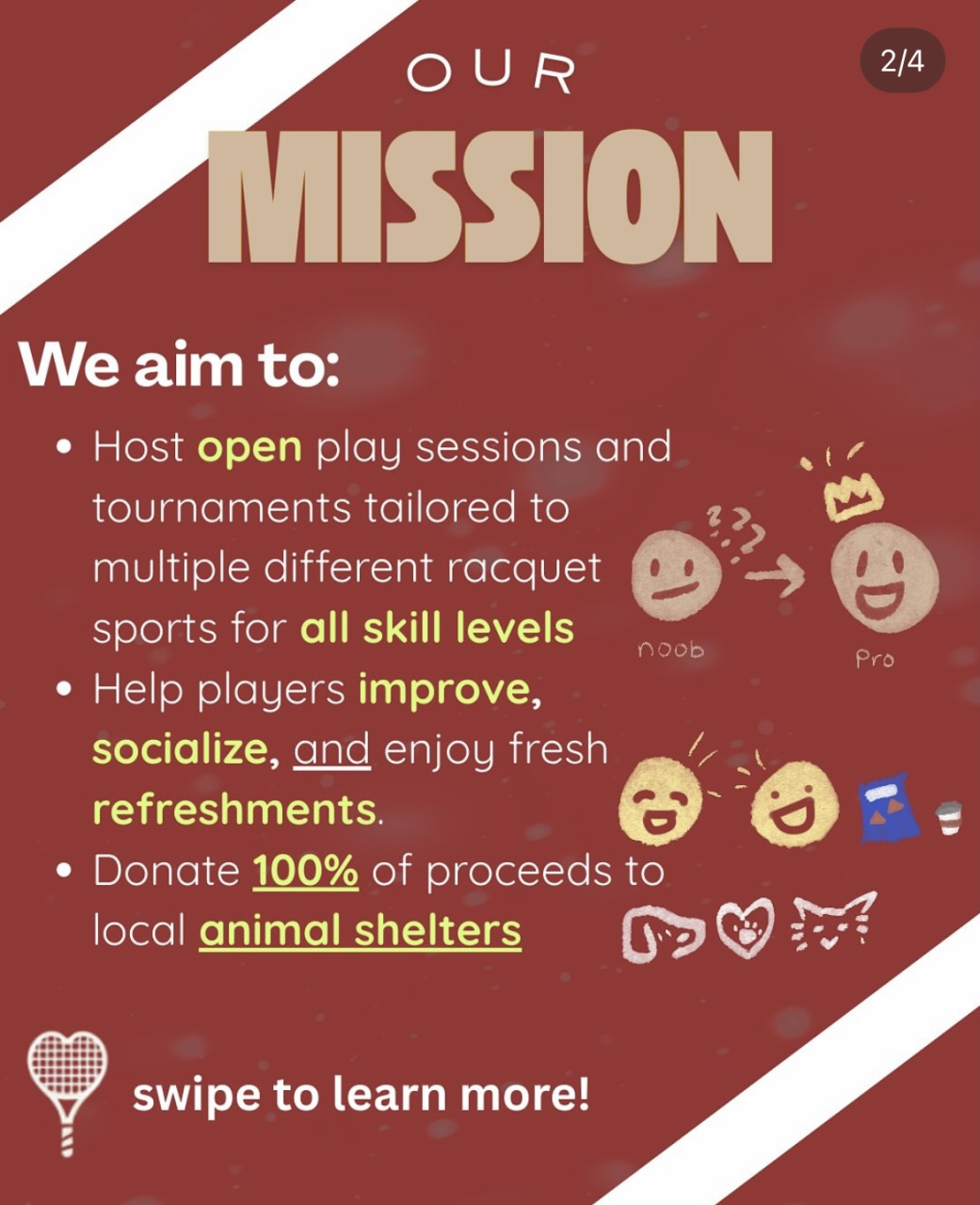 Match Point Foundation mission: open play and tournaments for all skill levels, helping players improve and socialize, and donating all proceeds to local animal shelters.