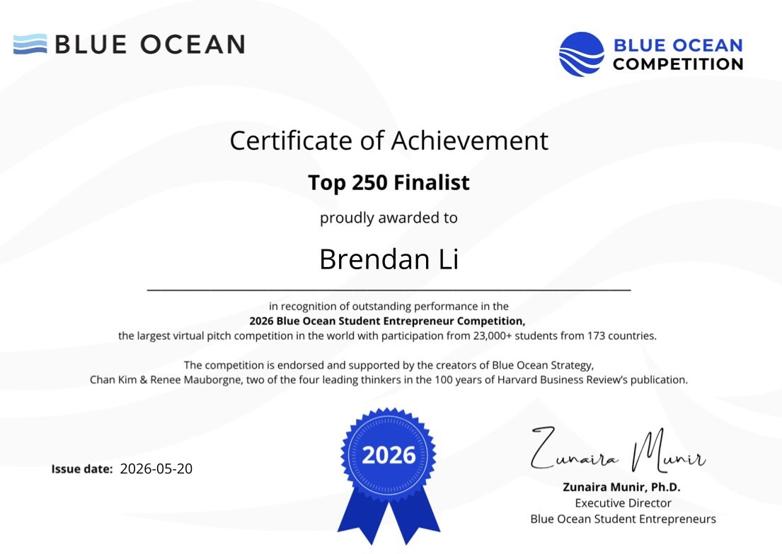 Blue Ocean Challenge Top 250 certificate