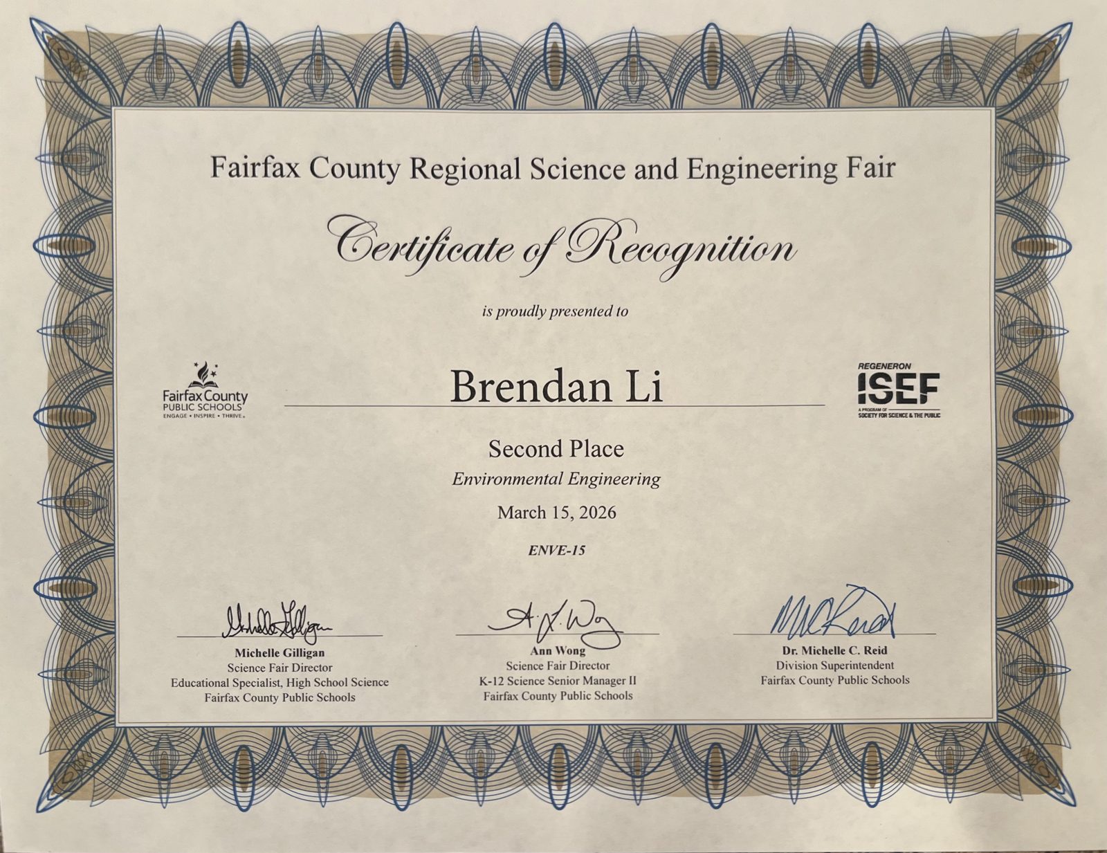 Fairfax County Regional Science and Engineering Fair second-place certificate