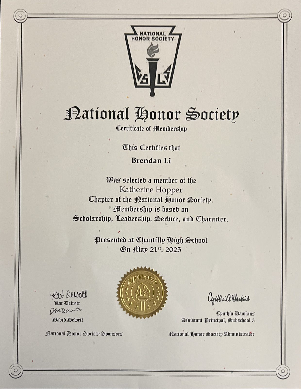 National Honor Society membership certificate