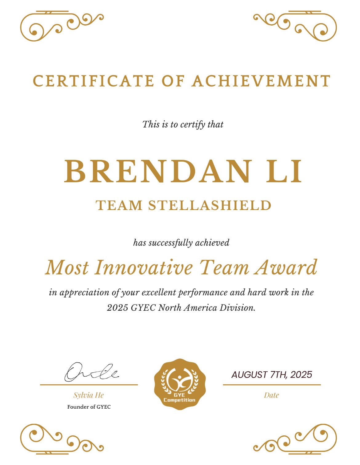 StellaShield award certificate
