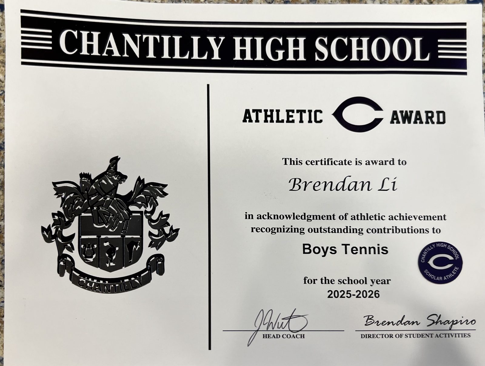 Tennis award certificate